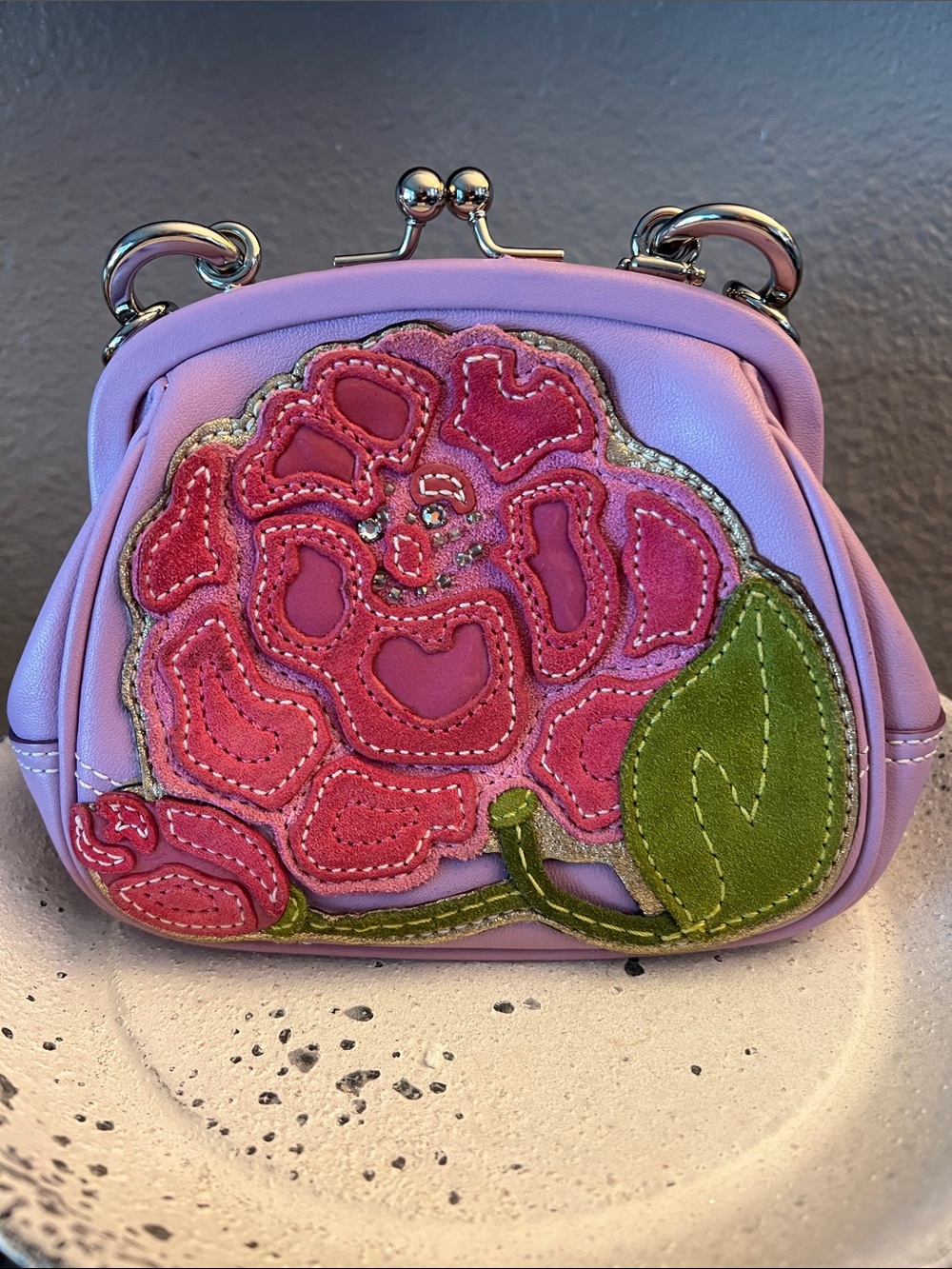 COACH Leather Kisslock Frame Bag Floral Applique Peony Clutch VINTAGE Y2K